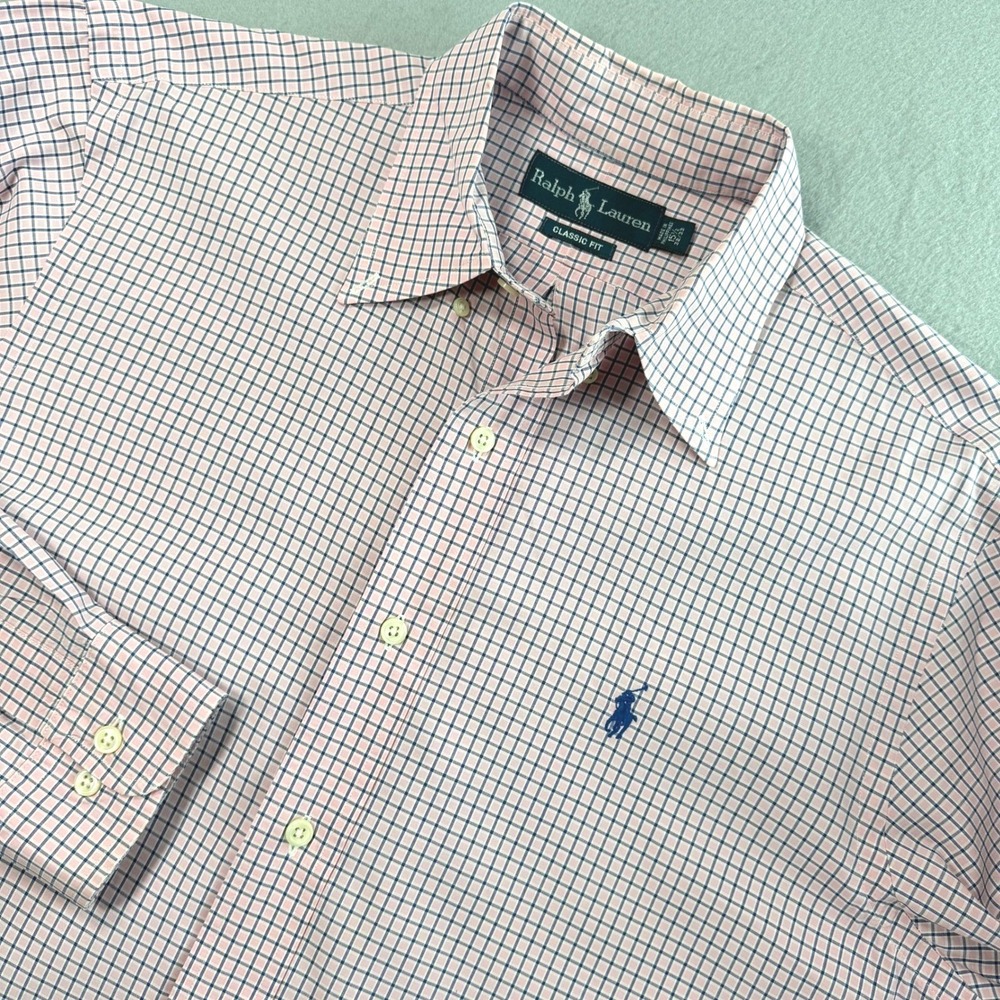 Ralph Lauren Button Down Mens 15.5 Pink Blue Check Classic Fit Long Sleeve